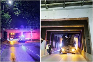 Jaunas latvis lietuviškų ženklų nesuprato: sunkvežimiu Vilniuje apdaužė geležinkelio viaduką ir įstrigo