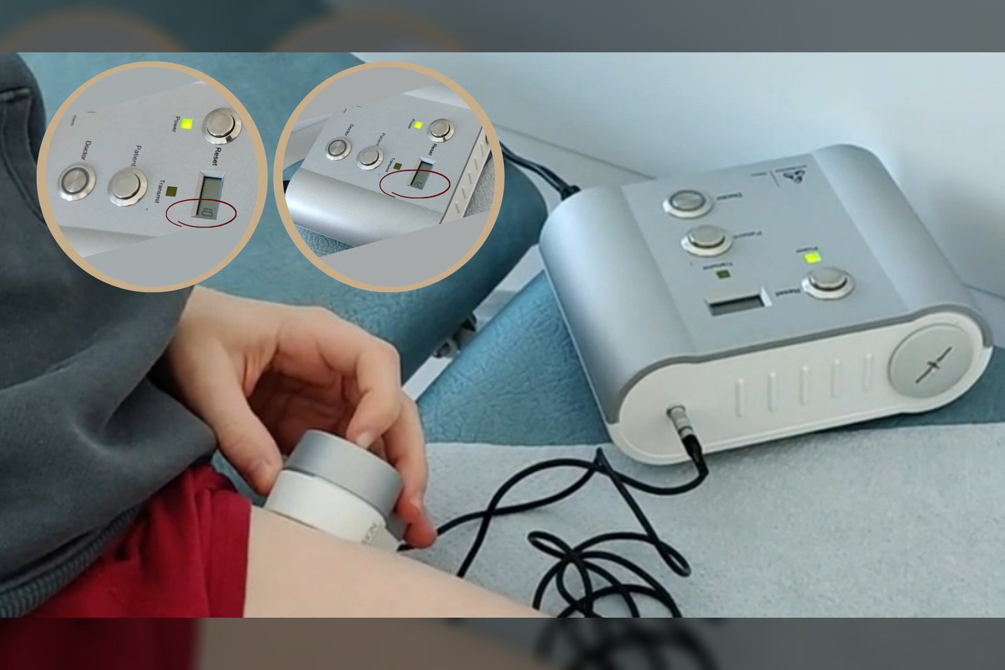 Šlaunikaulio ilginimą atlieka pats pacientas, matosi besikeičiantys skaičiai.<br>Santaros klinikų nuotr.