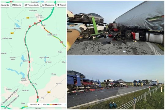 Didelė avarija Lenkijos greitkelyje gali trikdyti lietuvių keliones – vilkikas rėžėsi į stovinčius automobilvežius, žuvo žmogus