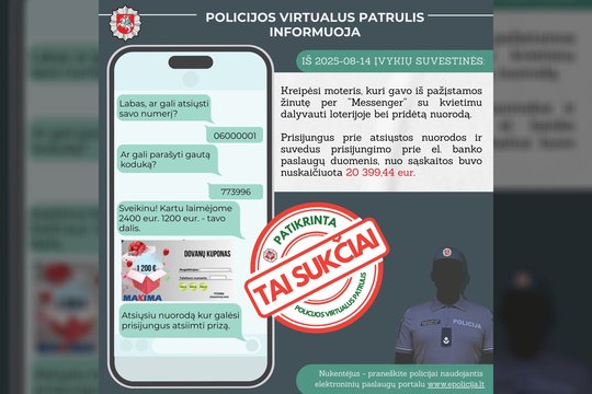 Virtualus patrulis jau nežinia kelintą kartą kantriai aiškina, kaip išvengti sukčių pinklių: pasidalinkite šia žinute