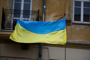 Žagarėje piktadariai nuo pastato nulupo ir į šiukšlių konteinerį sugrūdo Ukrainos vėliavą