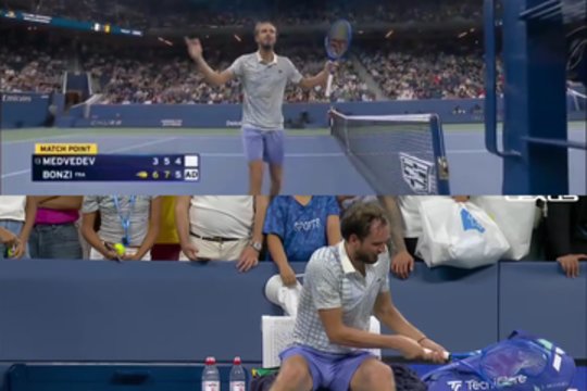 „US Open“ turnyre – ruso pykčio protrūkis: įtūžis teisėjui, šūksniai ir sudaužyta raketė