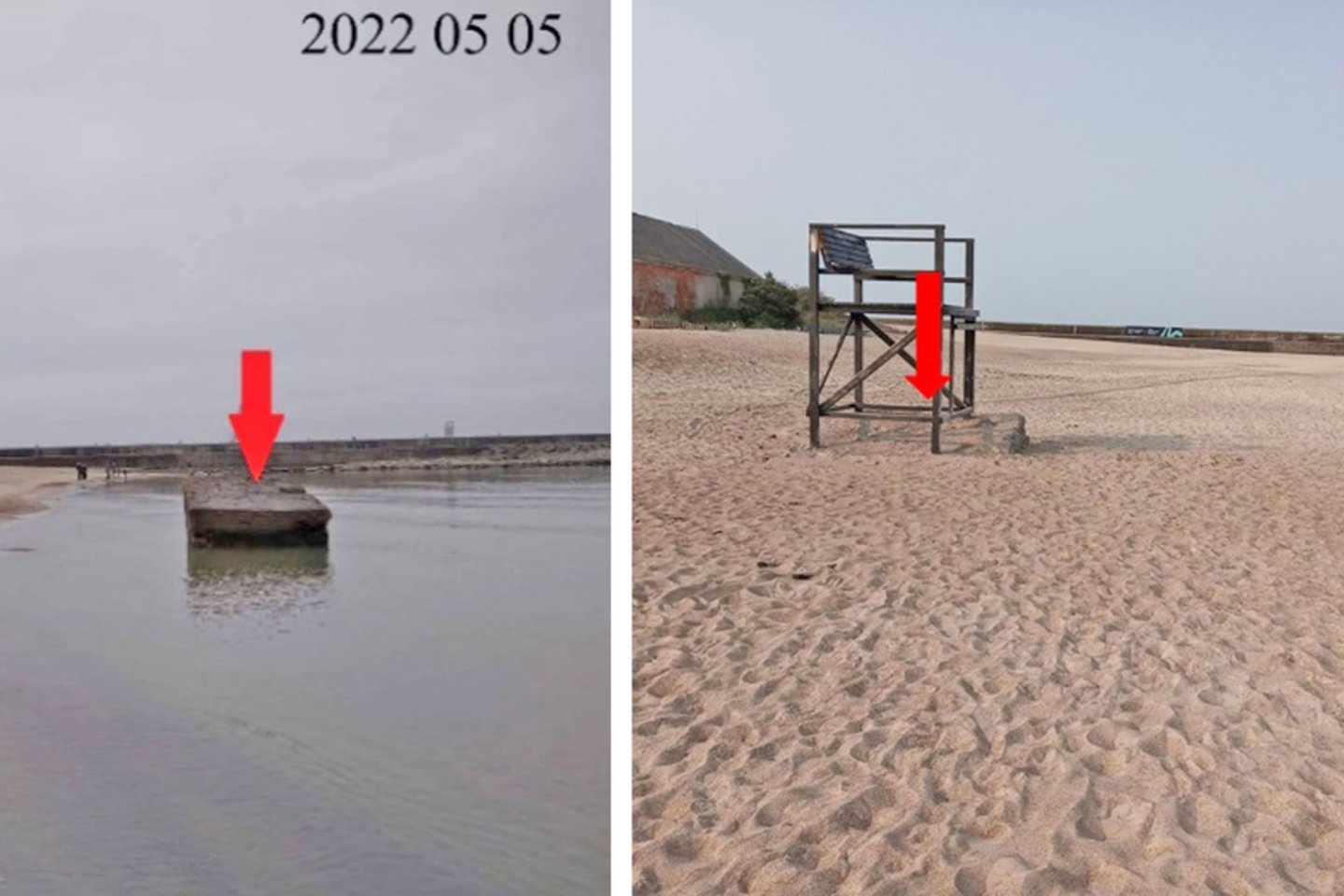 Blokas prie žvejų sandėlio, kuris nugriuvo audrų metu. Situacija Pirmosios Melnragės pietinėje pusėje prieš pamaitinimą smėliu (kairėje) ir po jo.<br>VE nuotr.