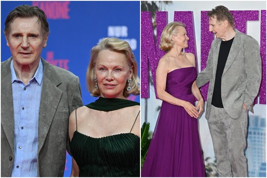 Po išgyventos tragedijos aktorius L. Neesonas švyti šalia P. Anderson: romane kritikai įžvelgia triuką