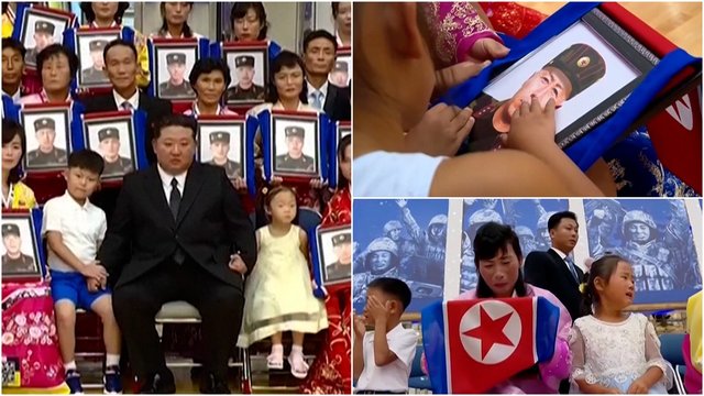 Kim Jong Unas tęsia spektaklį: žuvusių kovojant už Rusiją šeimoms – rėmeliai su nuotraukomis