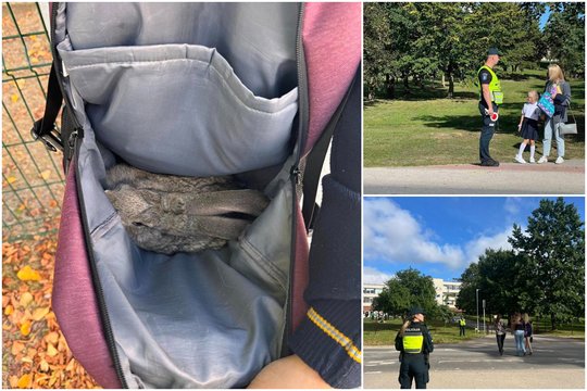 Policijos pareigūnai pasidalijo miela akimirka: mergaitės kuprinėje – ir pūkuotas draugas