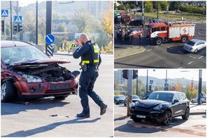 „Ford“ ir „Porsche“ susidūrimas Vilniuje: nukentėjo vyras, sustojo troleibusai, prireikė ugniagesių