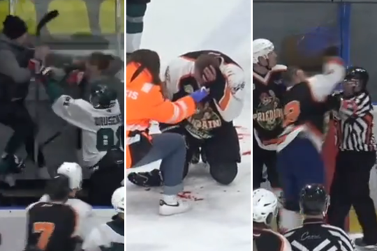 Latvijoje – kruvinos muštynės ledo ritulio mače, susimušė net treneriai
