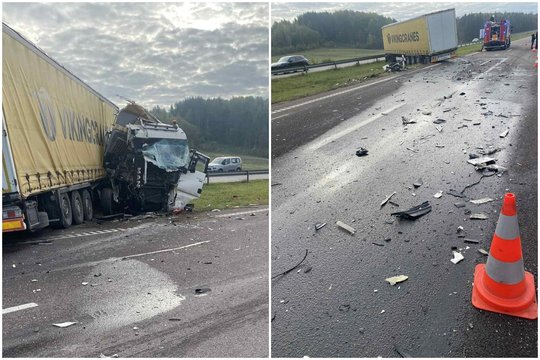 Autostradoje susidūrus dviem vilkikams prireikė visų tarnybų, nukentėjo žmogus