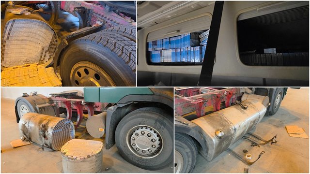 Įmantrios slėptuvės kontrabandai neišdegė: vilkiko viduje – daugiau nei 15 tūkst. pakelių cigarečių