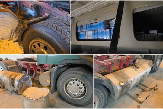 Įmantrios slėptuvės kontrabandai neišdegė: vilkiko viduje – daugiau nei 15 tūkst. pakelių cigarečių