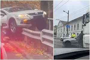 Avarijos Kaune: BMW susidūrė su cisterna, „Volkswagen“ pakibo ant atitvarų