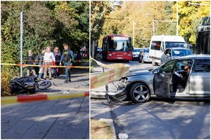 Vilniuje susidūrė „Volkswagen“ ir motociklas – skubiai prireikė medikų