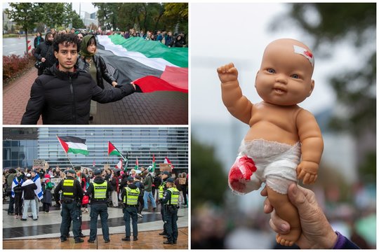 Vilniuje plazdėjo Palestinos vėliavos: reikalavo bausmės už karo nusikaltimus