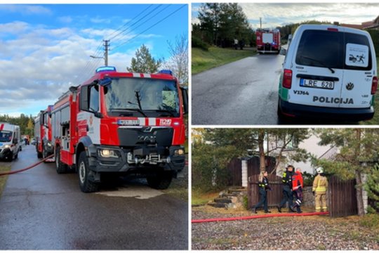 Vaizdai iš įvykio vietos: Vilniaus r. užsidegus gyvenamajam namui rastas žmogaus kūnas