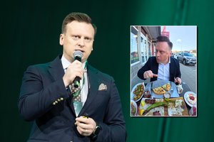 Plinta šmaikštus Valdo Benkunsko vaizdo įrašas: prisivalgė iki soties, bet nepamiršo kostiumo