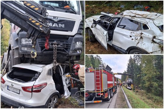 Reto sudėtingumo gelbėjimo operacija Kelmės r.: moteris liko užspausta automobilyje, atsidūrusiame po sunkvežimiu  