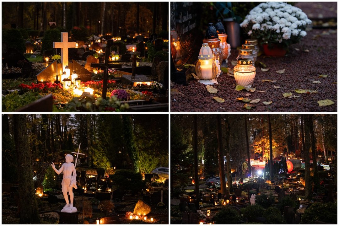  Žmonės jau Visų šventųjų dienos išvakarėse patraukė į kapines, kur uždegė žvakutes.<br> Lrytas koliažas.