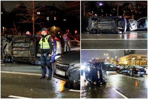 Masinė avarija po Seimo langais Vilniuje – vienas automobilis apvirto