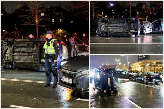 Masinė avarija po Seimo langais Vilniuje – vienas automobilis apvirto