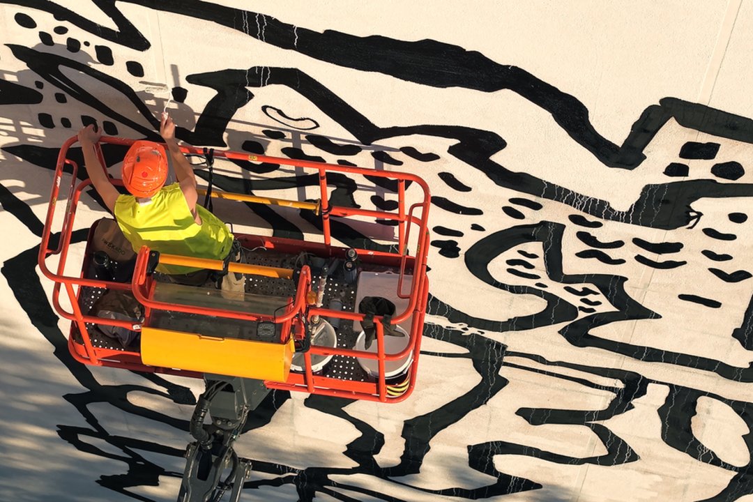 Klasikinis menas susitinka su gatvės menu: ant Vilniaus kolegijos sienos atgimė Algirdo Petrulio šilkografija