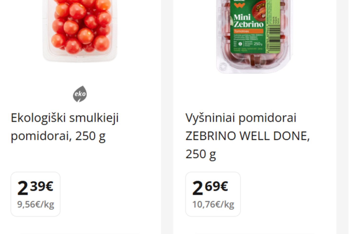 Pomidoriukų kaina tinklapyje barbora.lt.<br>Ekrano kopija iš barbora.lt.