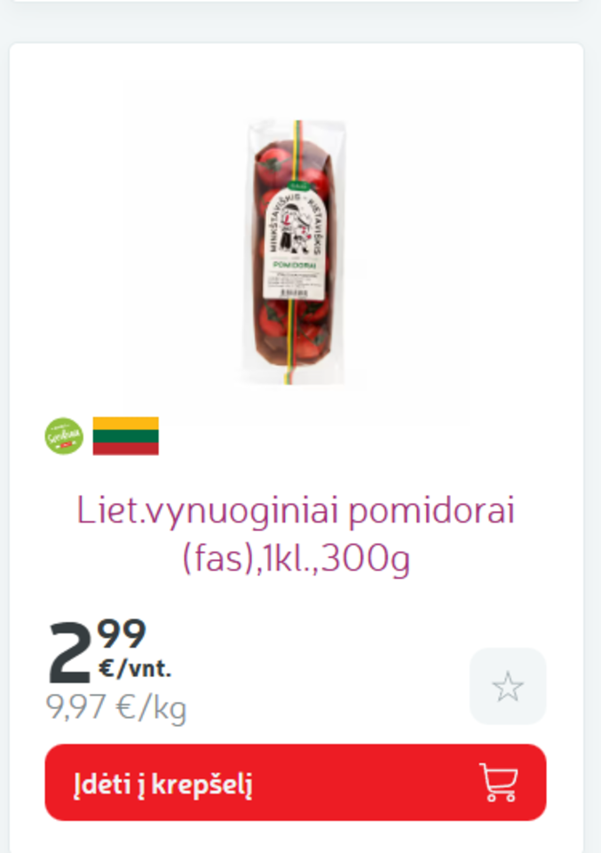 Pomidoriukų kaina „Rimi“ el. parduotuvėje.<br>Ekrano kopija iš rimi.lt.