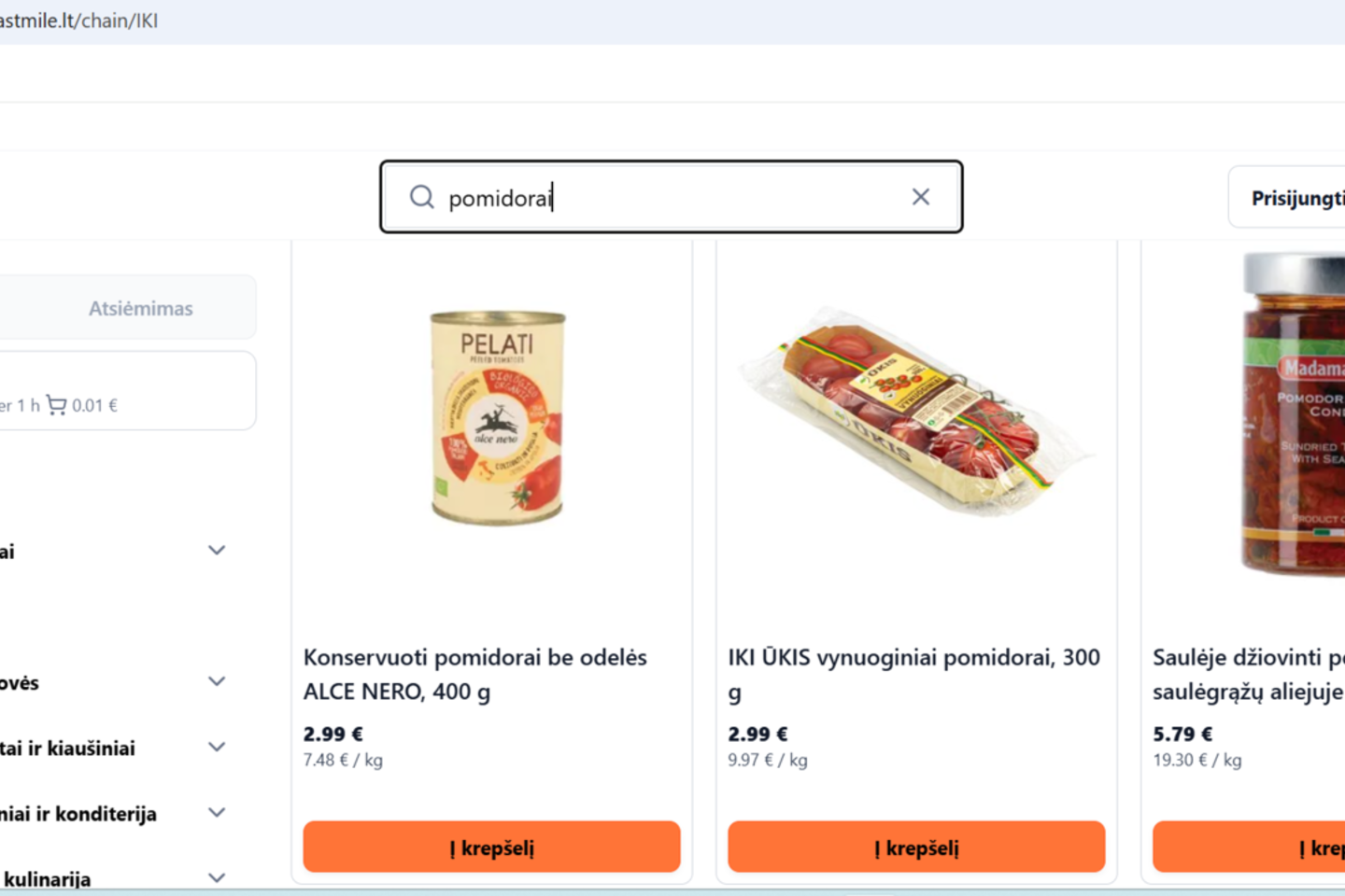 Pomidoriukų kaina platformoje lastmile.lt.<br>Ekrano kopija iš lastmile.lt.