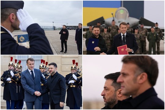 Svarbus susitarimas ir daugybė prisilietimų: kadruose – V. Zelenskio ir E. Macrono susitikimas