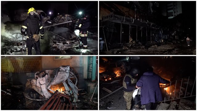 Vaizdai po dronų smūgio Charkive: išdegę automobiliai, apgadinti pastatai