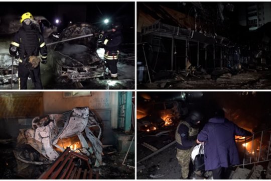 Vaizdai po dronų smūgio Charkive: išdegę automobiliai, apgadinti pastatai