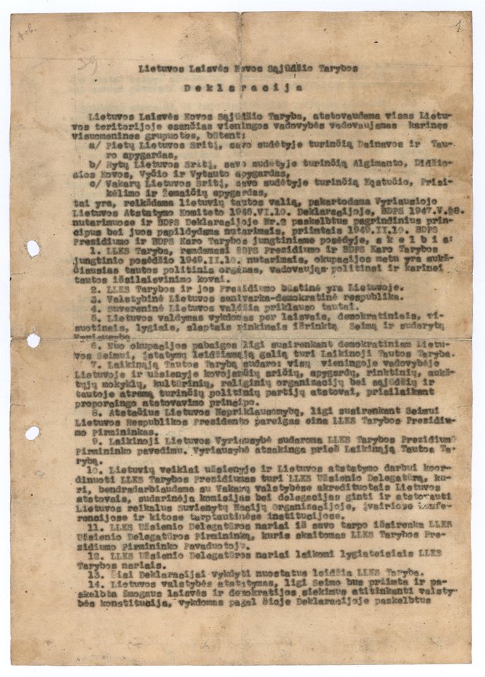 Lietuvos Laisvės Kovos Sąjūdžio Tarybos 1949 m. vasario 16 d. deklaracijos antrasis egzempliorius, papildantis įrašą registre Nr. 37