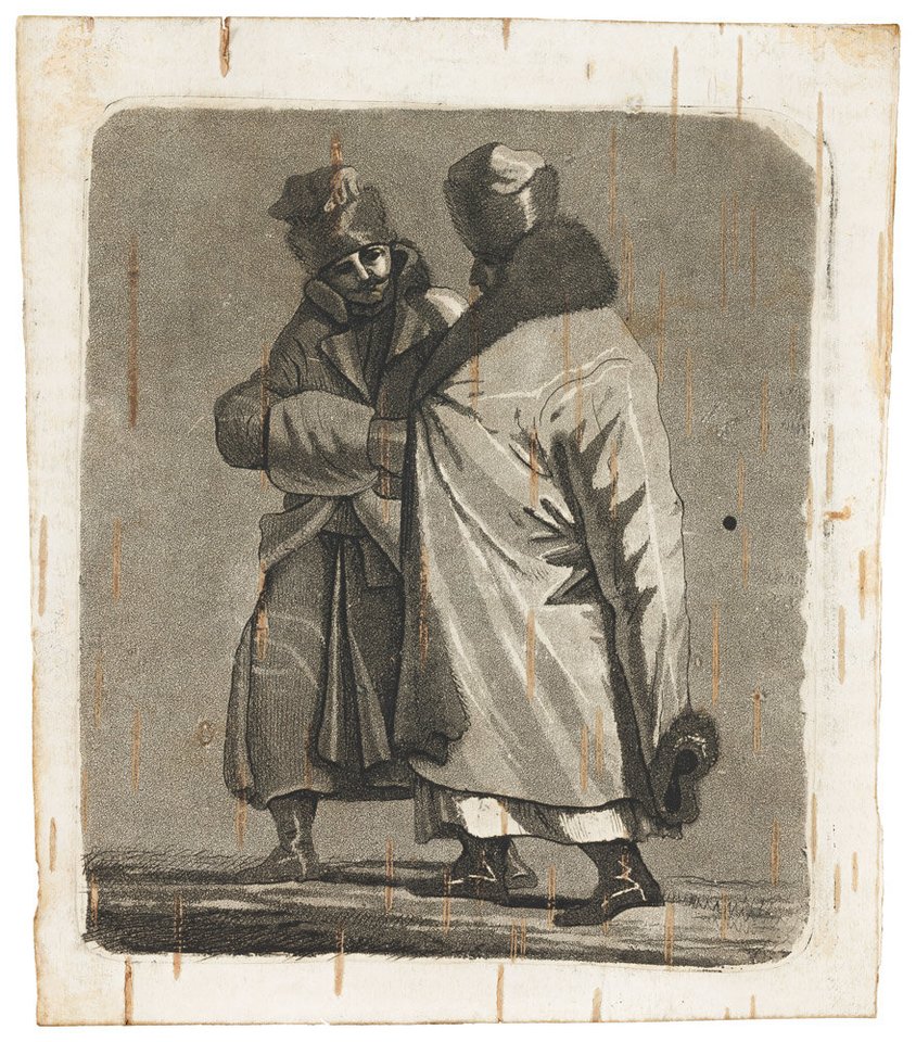 Jono Gotlibo Kislingo (1790–1846) raižinys ant beržo tošies pagal Joną Rustemą (1762–1835) „Du vyrai su kailiniais“, papildantis įrašą registre Nr. 31