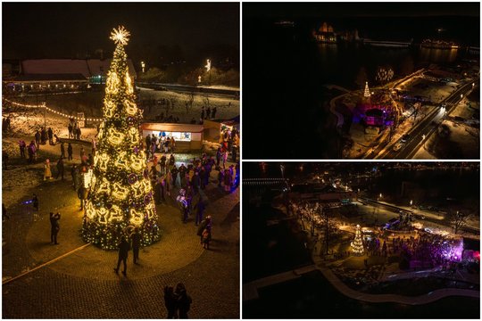 Trakai jau kvepia šventėmis ir meduoliais: įžiebta žavi žaliaskarė, jos viršūnėje – „šviesos pūkas“