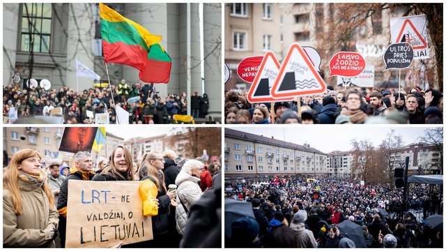 Vaizdai iš protesto prie Seimo: dėl pavojaus žiniasklaidos laisvei susibūrė tūkstančiai