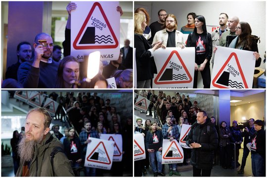 LRT tarybos nariams – tyla ir daug pasakantys plakatai: kadruose – žurnalistų protestas