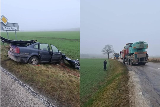 Panevėžio rajone susidūrė lengvasis automobilis ir autokranas – žuvo vairuotojas