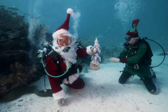Roges iškeitė į nardymo įrangą: Kalėdų Senelis su savo elfais tyrinėjo povandeninį pasaulį
