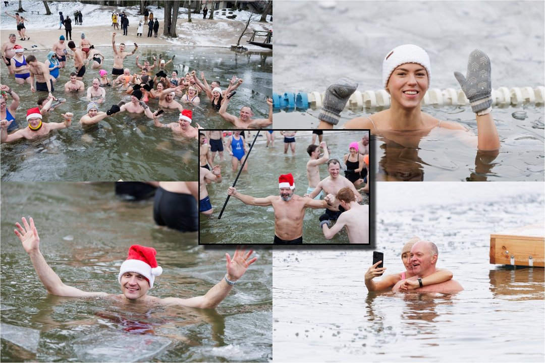 Pirmąją metų dieną – tradicinės „ruonių“ maudynės: užfiksavo, kaip į vandenį neria būrys sveikuolių<br>Lrytas koliažas
