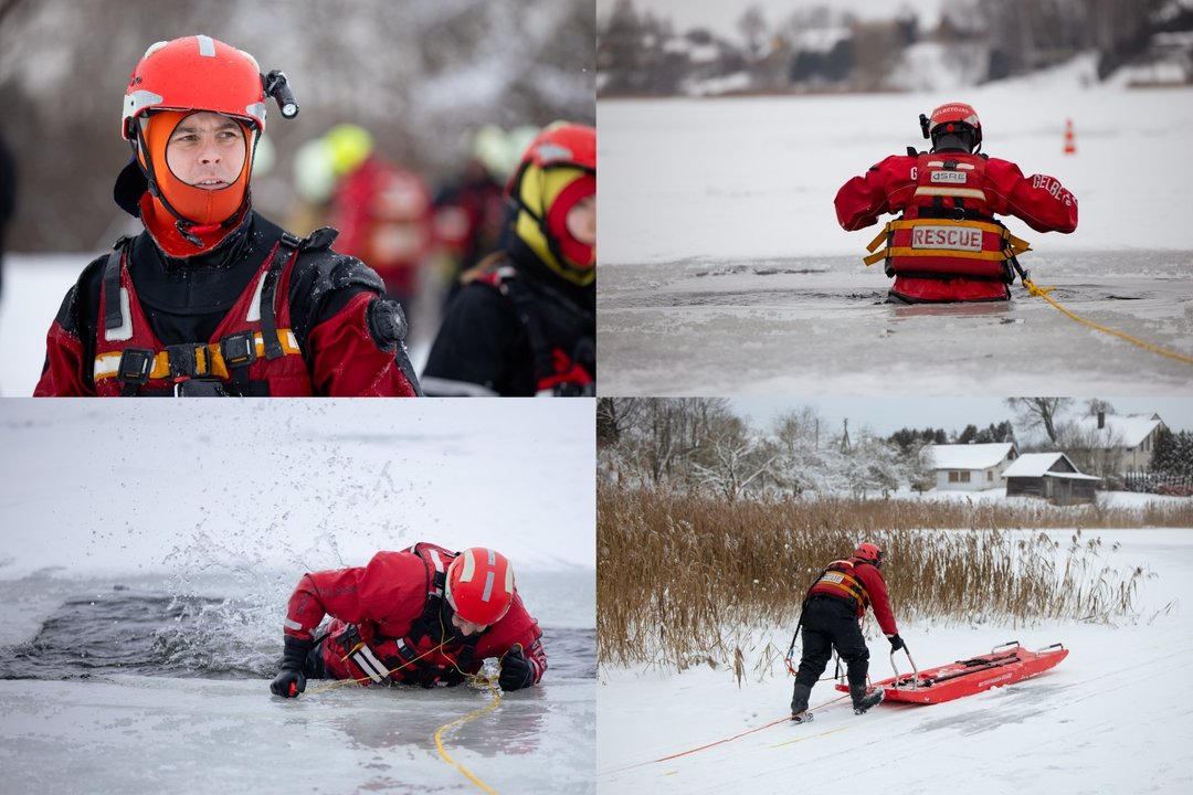 Gelbėjimo operacijos ant ledo pratybos.<br> Lrytas koliažas.