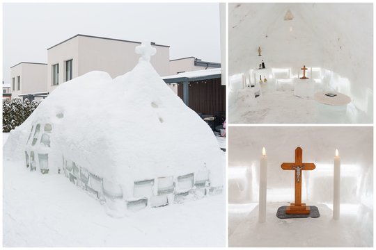 Kaunietis savo namų kieme pastatė bažnyčią iš sniego: aplankys ir tikras dvasininkas