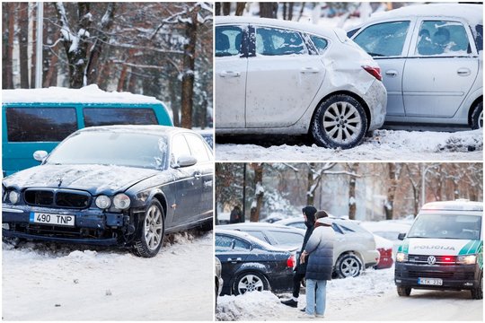 Apsnigtoje gatvėje neišsitekęs „Jaguar“ Vilniuje apdaužė dar 5 stovinčias mašinas