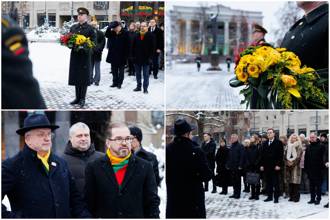  Gėlių padėjimo ceremonija prie Kovo 11-ajai skirto paminklo „Žinia“ Nepriklausomybės aikštėje.<br> Lrytas koliažas