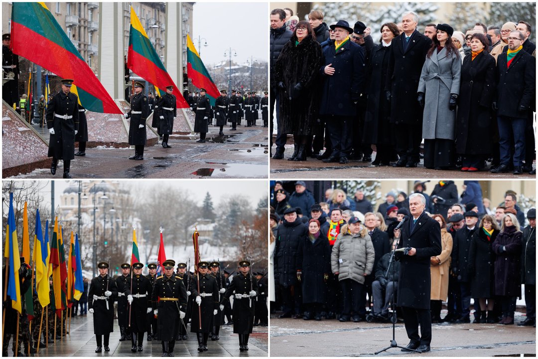  Valstybės vėliavos pakėlimo ceremonija Nepriklausomybės aikštėje.<br> Lrytas koliažas