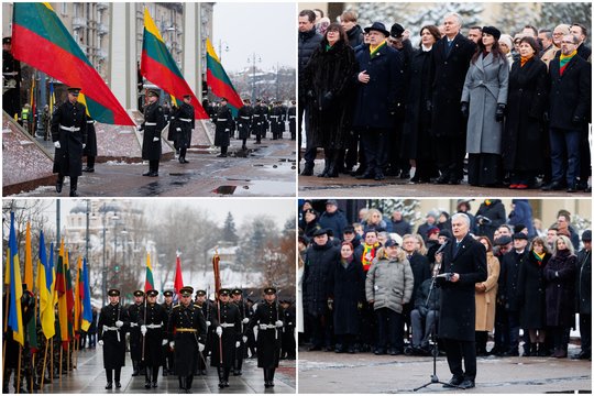 Vilniuje iškilmingai pakelta valstybės vėliava: dalyvavo pirmoji šalies pora ir aukščiausi politikai