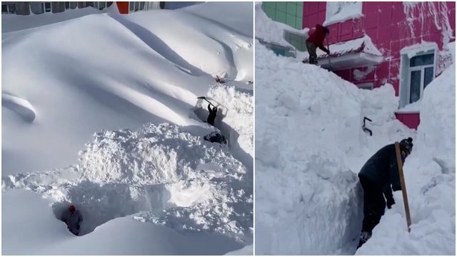 Kamčiatkoje – 30 metų nematyta sniego audra: automobiliai ir namai prasmego pusnyse