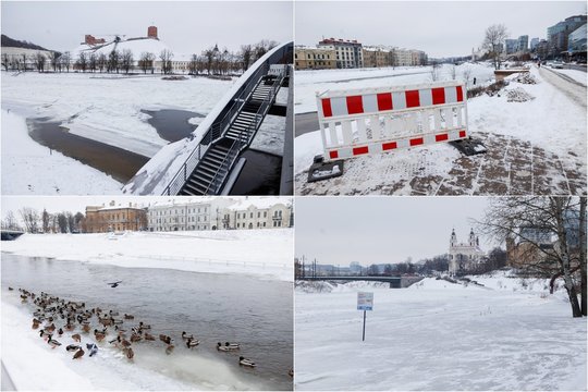 Neris – žiemos gniaužtuose: kadruose – užšalusi ir išsiliejusi upė