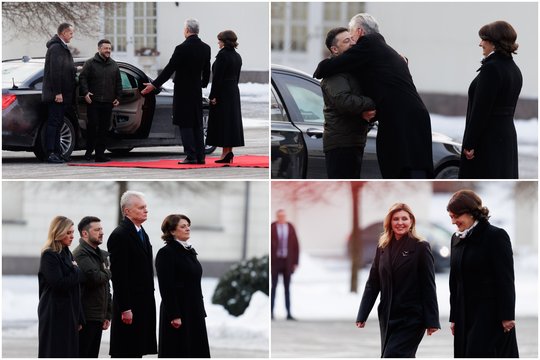 Prezidentūroje – neeiliniai svečiai: kadruose – šiltas V. Zelenskio ir O. Zelenskos sutikimas