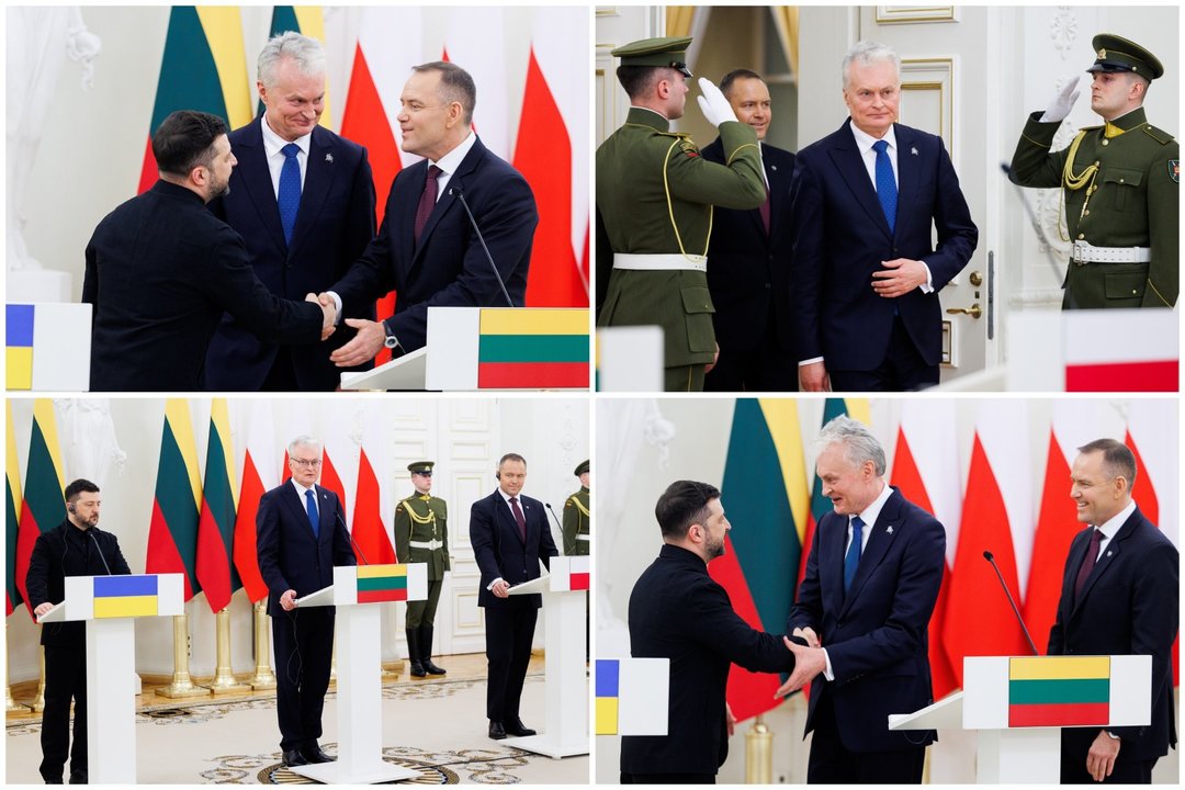  G.Nausėdos, K.Nawrockio ir V.Zelenskio spaudos konferencije Vilniuje.<br> Lrytas koliažas.
