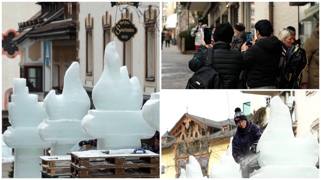 Olimpinė ugnis, žiedai ir slidininkai virto ledo skulptūromis: procesas privertė stabtelti praeivius